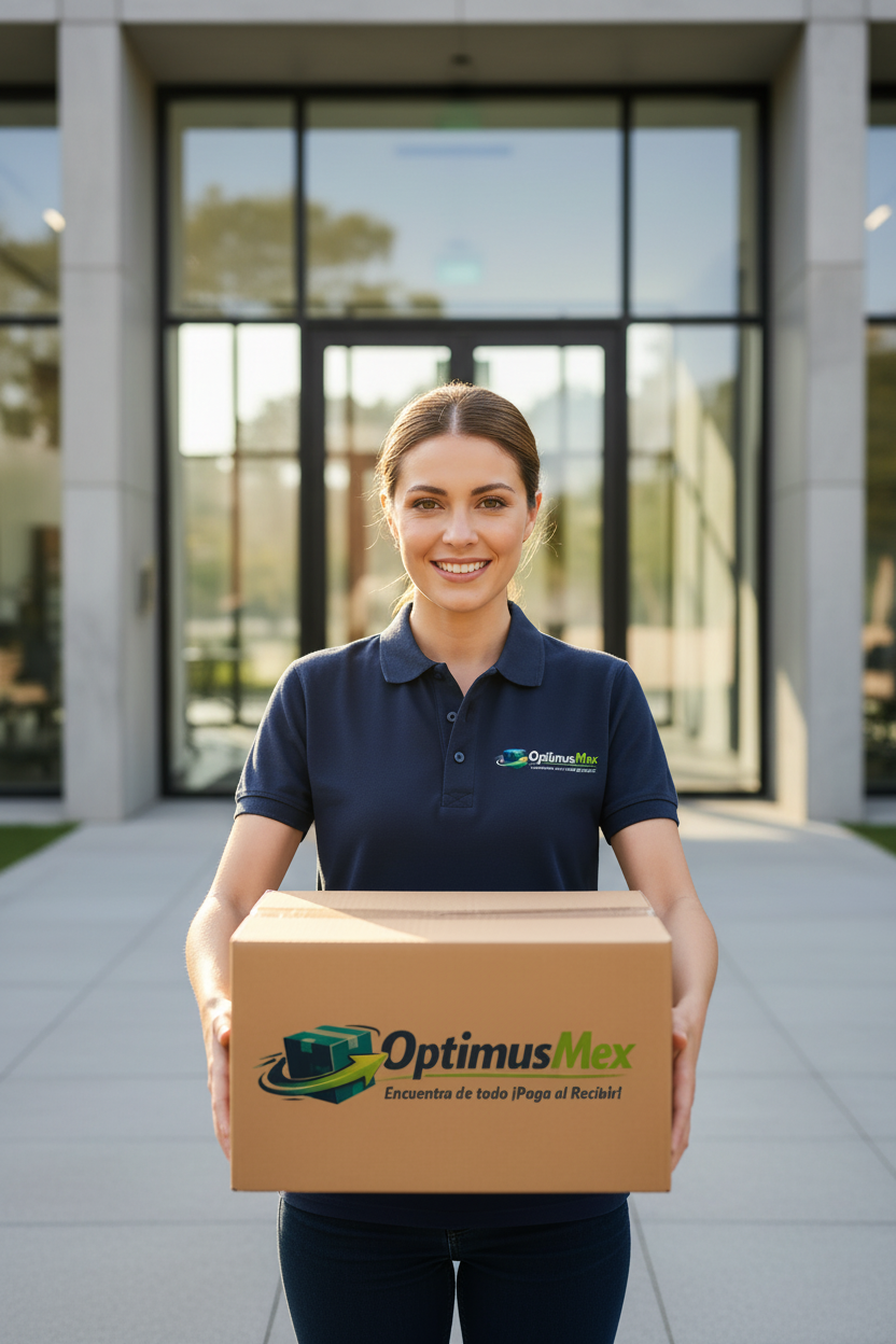 Entregadora OptimusMex em frente à empresa moderna